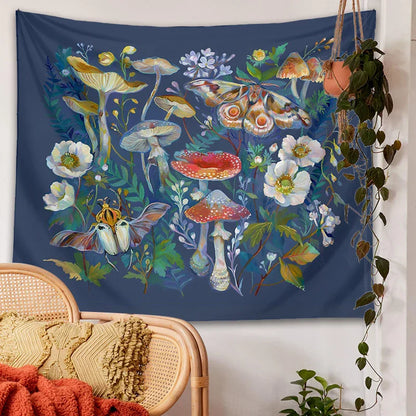 Decobites Mushroom Moth Garden Tapestry: Boho Psychedelic Wall Hanging for Botanical Bedroom Decor