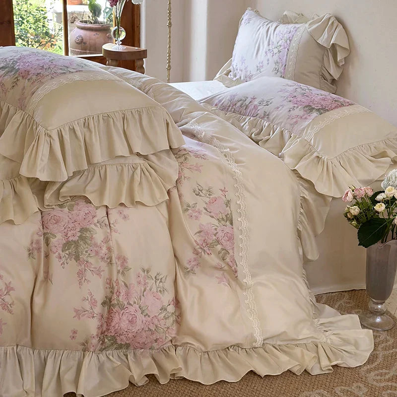 Decobites Vintage French Pastoral Lace Ruffles Bedding Set: Duvet Cover, Bed Sheet, 2 Pillowcases