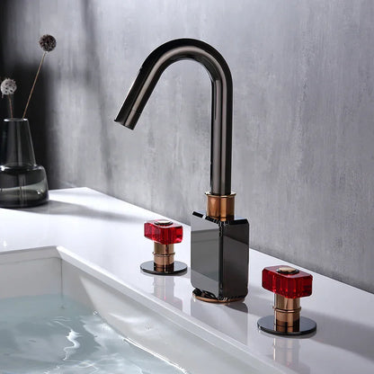DecorBites™ Gray Brass Basin Faucets, Deck Mounted Double Handle Bathroom Sink Tap