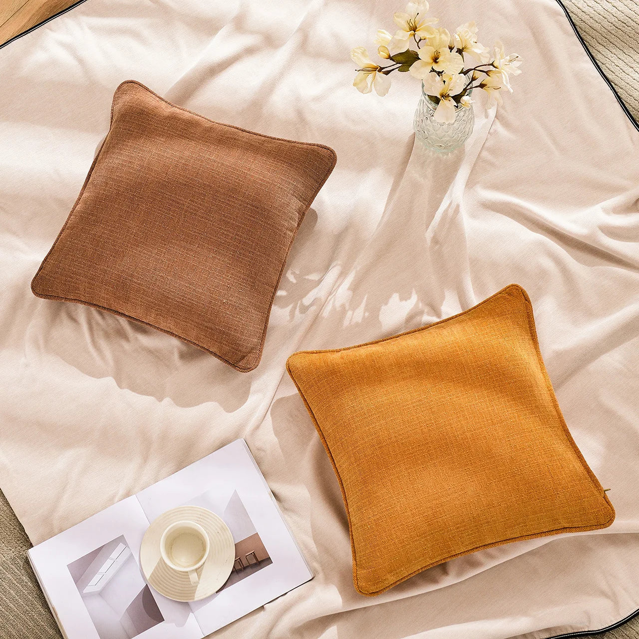 غطاء وسادة DecorBites™ من القطن والكتان باللون الخوخي البرتقالي الرمادي العاجي لغرفة المعيشة صديق للبيئة