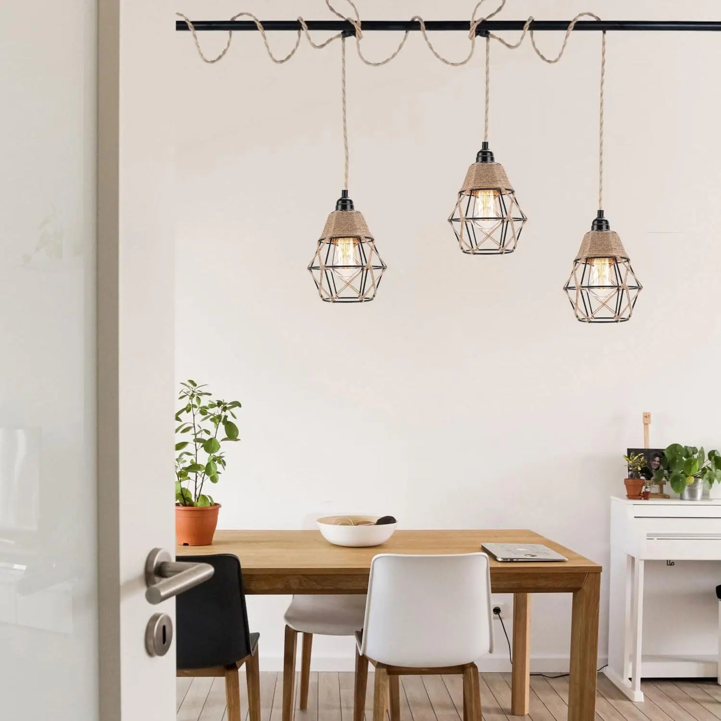 Vintage Industrial Hemp Rope Plug-In Pendant Light
