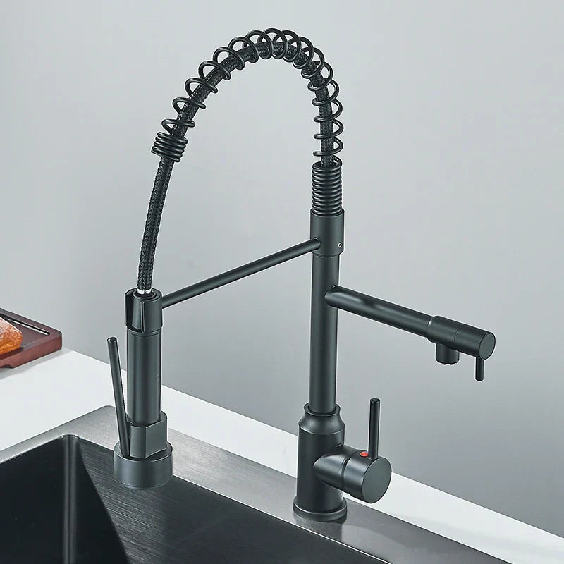 صنبور مطبخ أسود DecorBites™ مزود بنابض سحب للأسفل وفوهة مزدوجة وصنبور خلاط