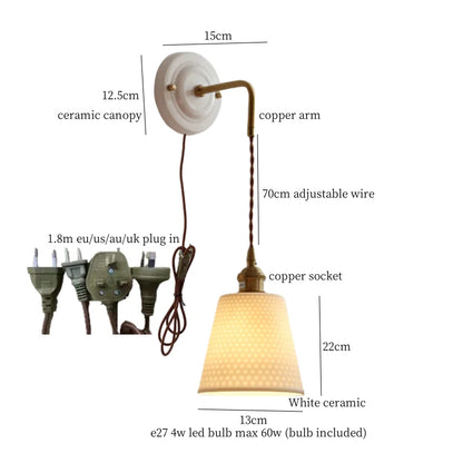 DecorBites™ مصباح حائط LED قابل للتعديل مخطط من السيراميك والنحاس ومرآة بجانب السرير