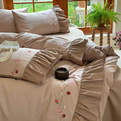 Decobites Korean Princess Style Embroidered Bedding Set with Pleated Ruffles in Egyptian Cotton