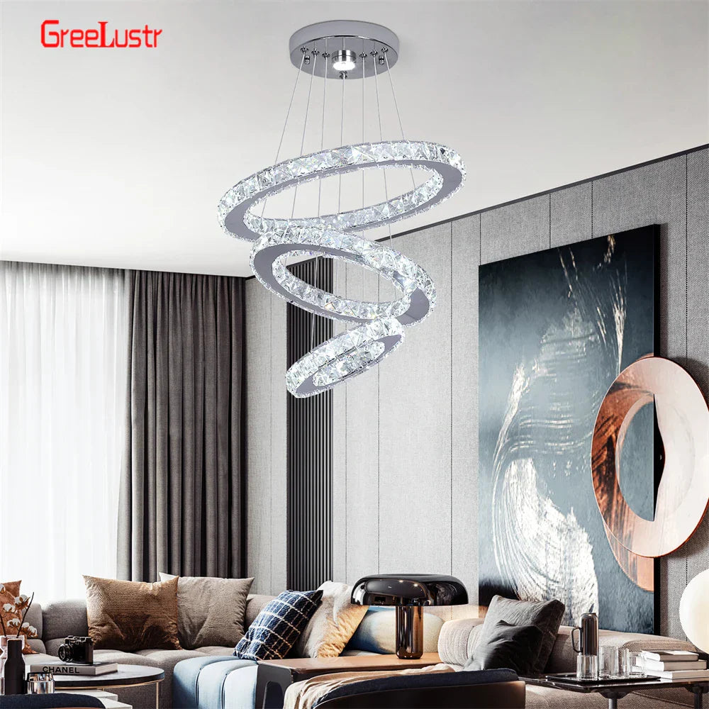 DecorBites™ Crystal Chrome LED Pendant Light Rings Chandelier for Living Room Bedroom