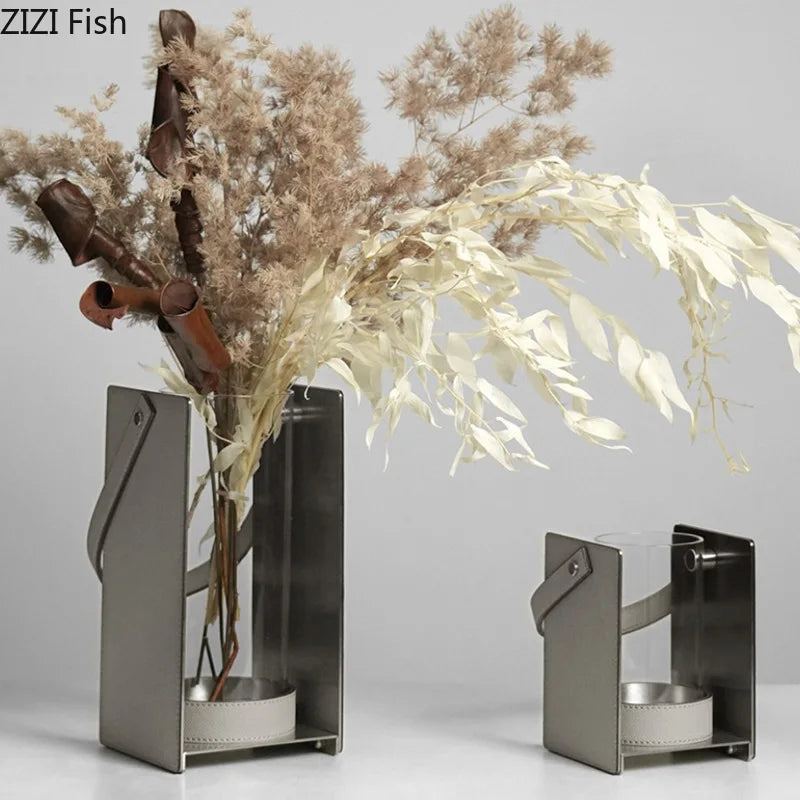 DecorBites™ Leather Glass Vase Plant Pot Artificial Flowers Floral Room Decor