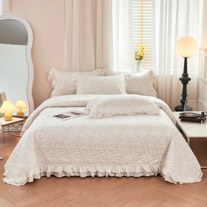 Decobites Leaf Embroidery Double Layer Lace Ruffles Quilt Set with Bedspread & Pillowcases