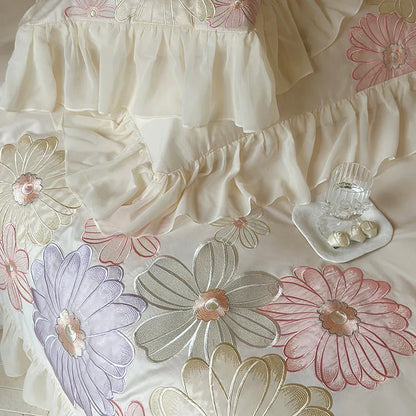 Decobites Romantic Flowers Lace Ruffles Princess Bedding Set, 1200TC Egyptian Cotton, Duvet Cover, Bed Sheet, Pillowcases