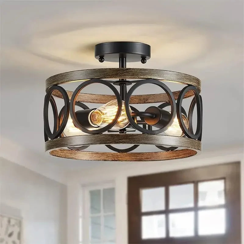 DecorBites™ Industrial Farmhouse Circular Chandelier Retro Iron Art Wood Grain Ceiling Light
