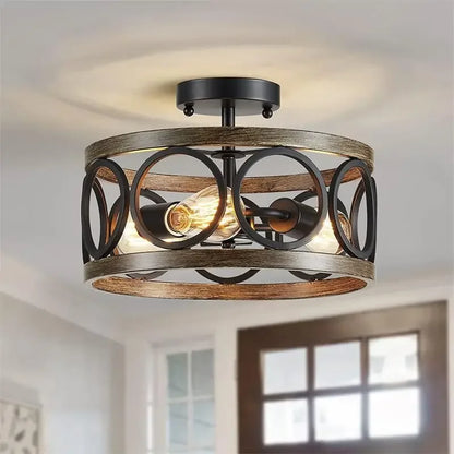 DecorBites™ Industrial Farmhouse Circular Chandelier Retro Iron Art Wood Grain Ceiling Light