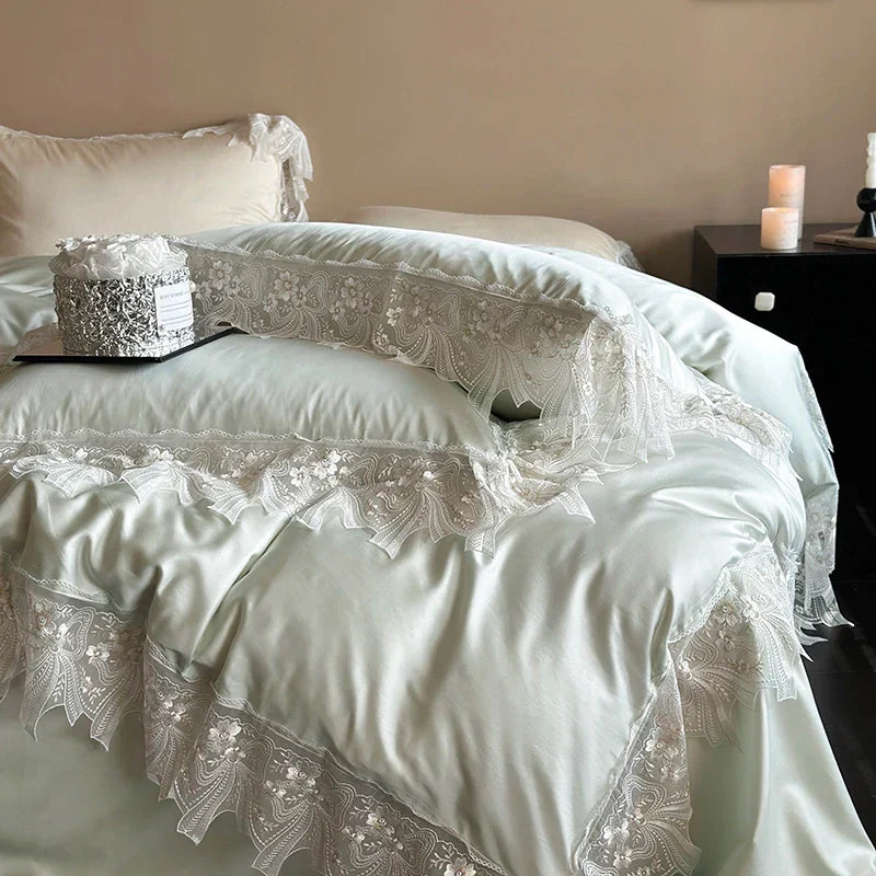 Decobites Romantic Lace Ruffles Bedding Set in Lyocell Cotton, Silky Duvet Cover, Bed Sheet, Pillowcases