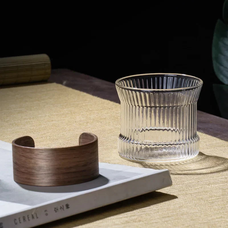 DecorBites™ Japanese Glass Tea Cup Set with Walnut Sleeve - High Quality Transparent Drinkware