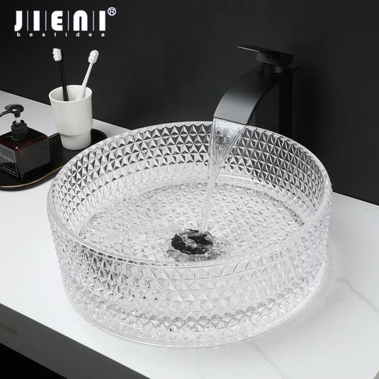 DecorBites™ Diamond Glass Basin Set with Matte Black Faucet and Pop-up Drain Mixer Tap