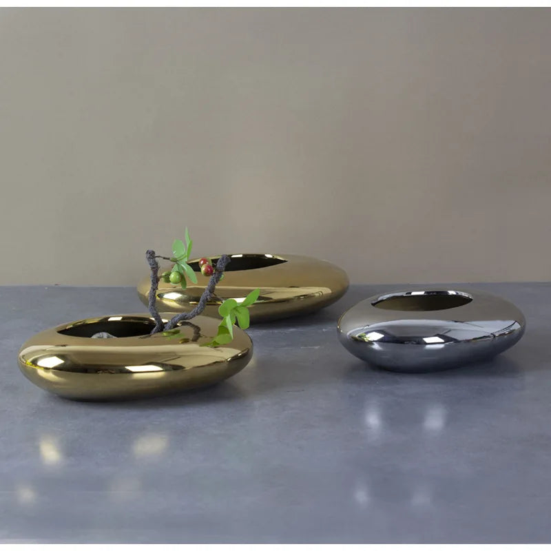 DecorBites™ Silver Cobblestone Ceramic Vase Geometric Oval Flower Pot Home Decor