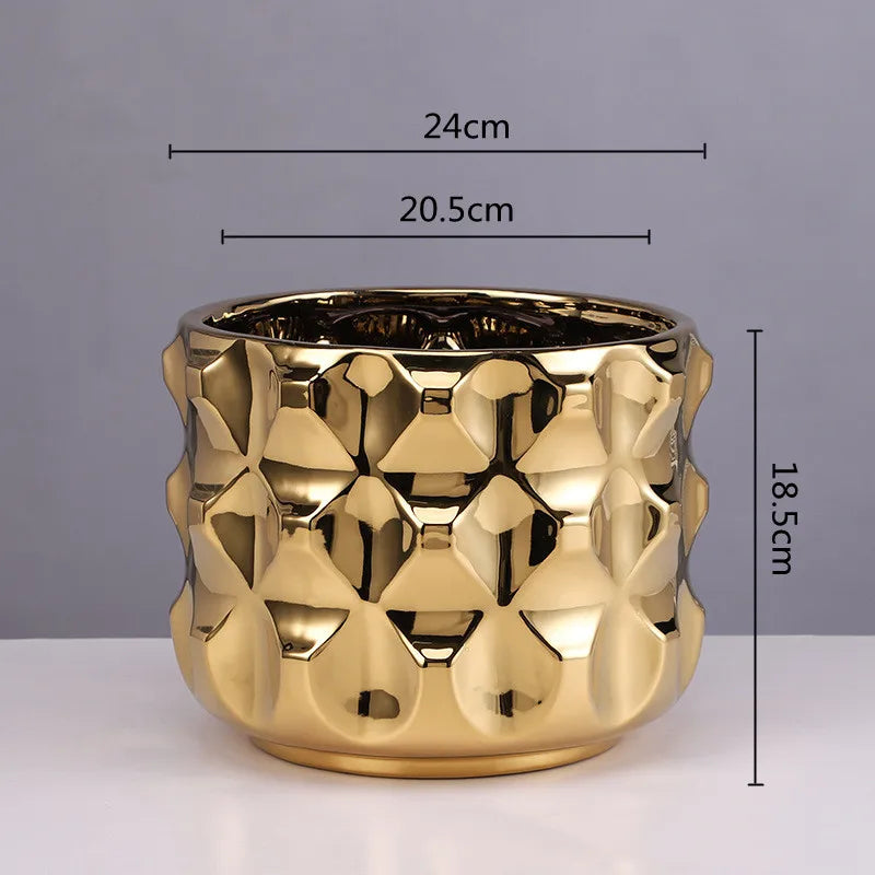 DecorBites™ Gold Ceramic Flower Pot Geometry Vase for Succulents and Floral Arrangements