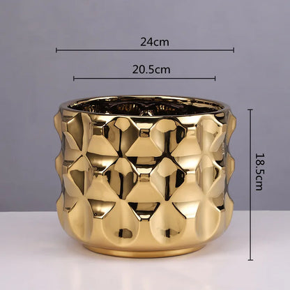 DecorBites™ Gold Ceramic Flower Pot Geometry Vase for Succulents and Floral Arrangements