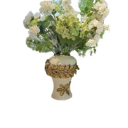 DecorBites™ Golden Leaves Ceramic Flower Vase with Hand-embossed Flowers for Flower Arrangement
