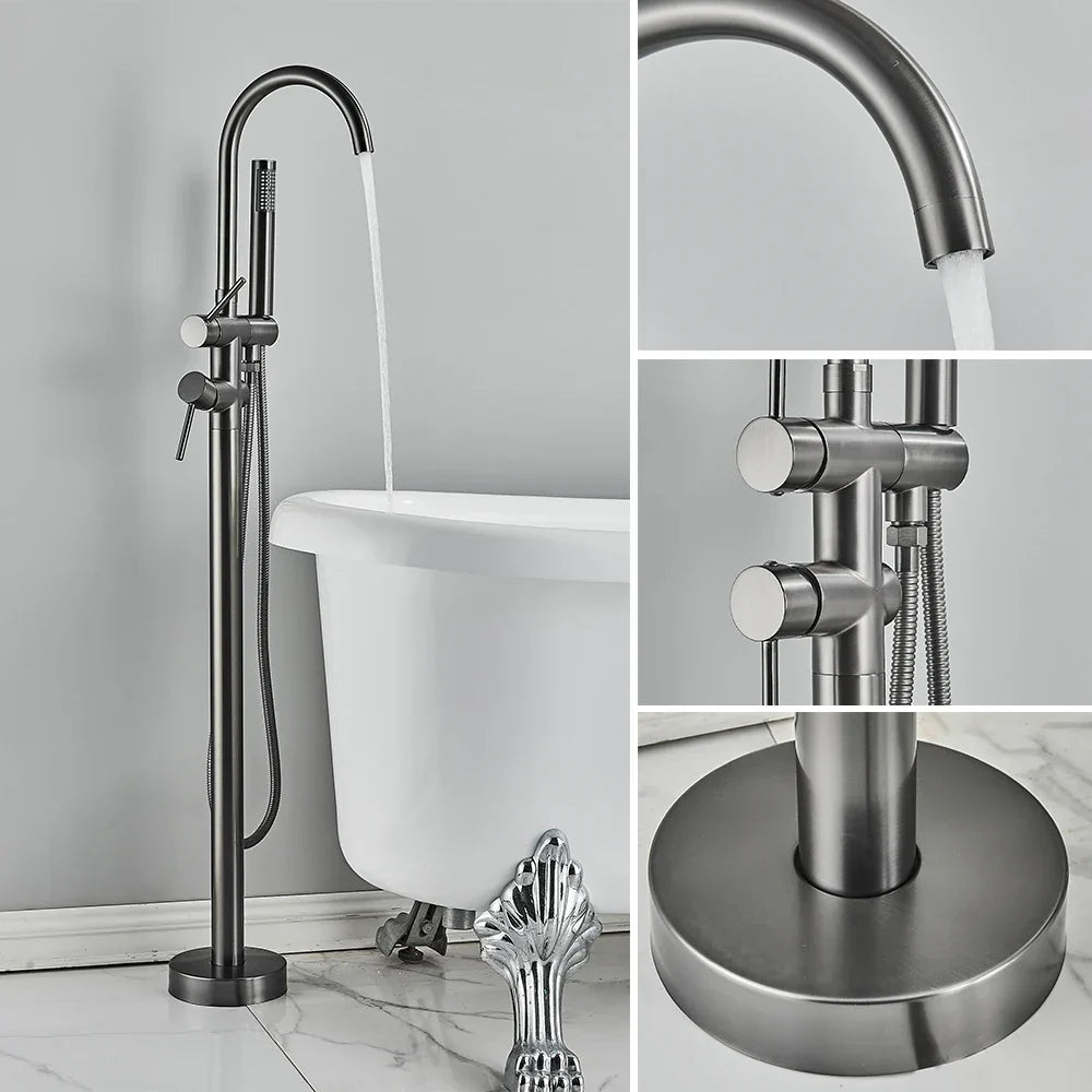 DecorBites™ Brushed Gold Freestanding Bathtub Shower Mixer with Handshower