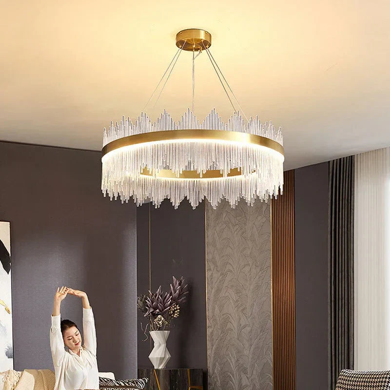 DecorBites™ Gold LED Circle Crystal Chandelier: Elegant Home Pendant Lighting for Living Room, Bedroom, Kitchen