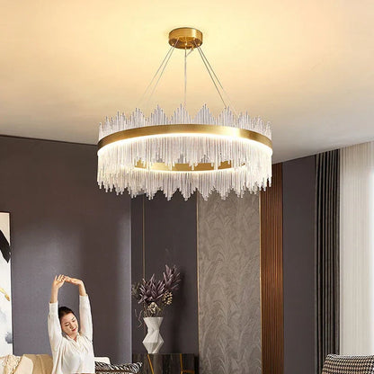 DecorBites™ Gold LED Circle Crystal Chandelier: Elegant Home Pendant Lighting for Living Room, Bedroom, Kitchen