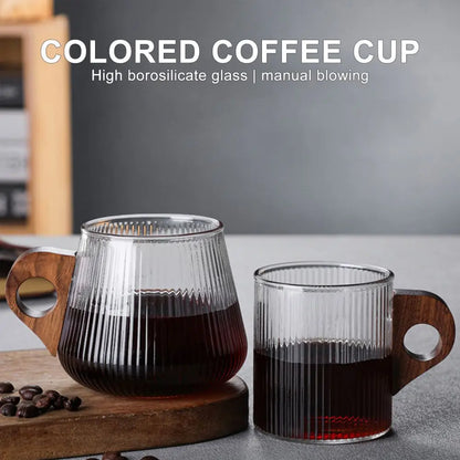DecorBites™ Glass Coffee Mug with Wooden Handle, Japanese-Style Tea Cup, Vertical Stripes