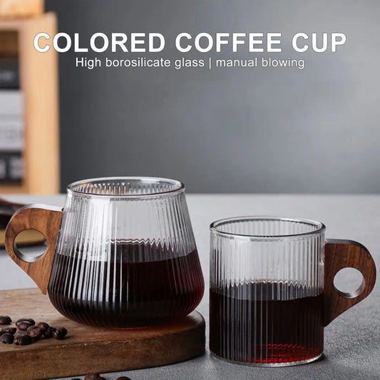 DecorBites™ Glass Coffee Mug with Wooden Handle, Japanese-Style Tea Cup, Vertical Stripes