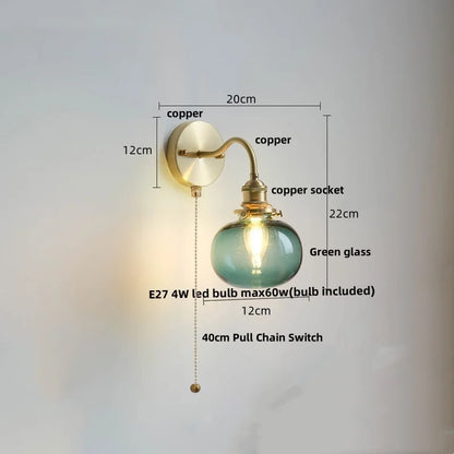 DecorBites™ Green Class Ball LED Wall Light Fixture, Copper Socket, Pull Chain Switch