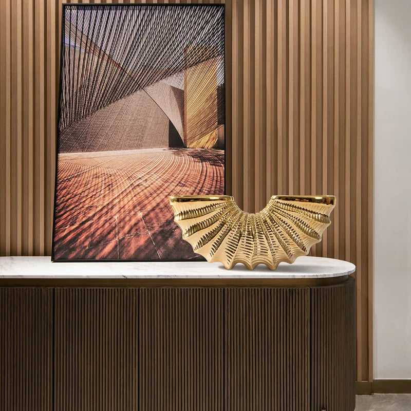 DecorBites™ Golden Shell Ceramic Vase | Geometric Design | Living Room Decoration