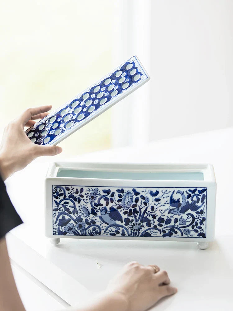 DecorBites™ Blue White Porcelain Square Flowerpot Vase Chinese Retro Home Decor