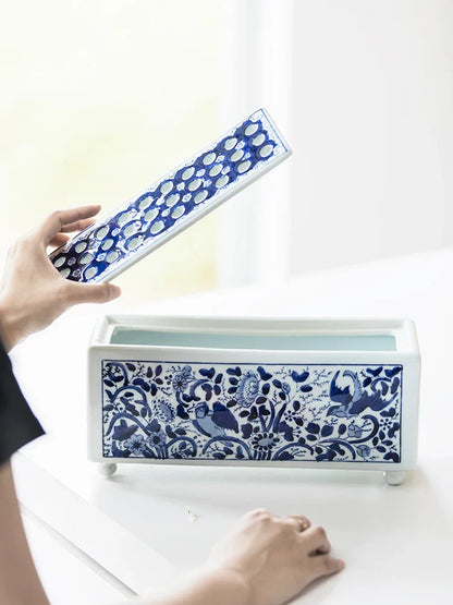 DecorBites™ Blue White Porcelain Square Flowerpot Vase Chinese Retro Home Decor