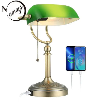 DecorBites™ Green Glass Bankers Desk Lamp with USB Charging Port and Pull Chain Switch
