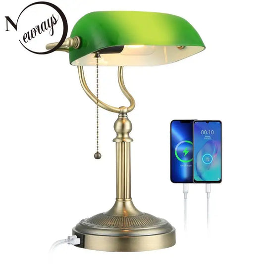 DecorBites™ Green Glass Bankers Desk Lamp with USB Charging Port and Pull Chain Switch