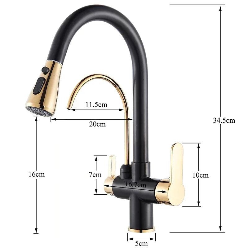 DecorBites™ Gourmet Pull Out Black Gold Kitchen Faucet with Sprayer Mixer Swivel Sink Tap