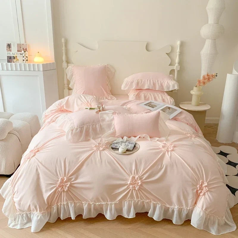 DecorBites™ Lace Princess Bedding Set: Romantic Ruffles & Bow Duvet Cover, Sheet, Pillowcases