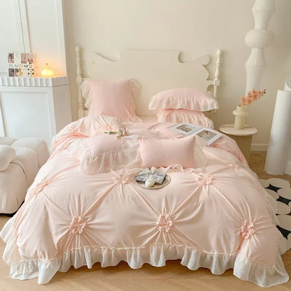 DecorBites™ Lace Princess Bedding Set: Romantic Ruffles & Bow Duvet Cover, Sheet, Pillowcases