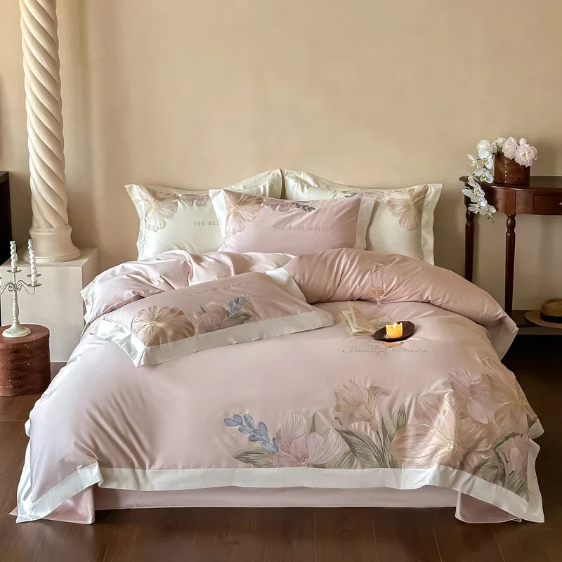 Decobites Luxury Flowers Embroidery Bedding Set Cream White 1000TC Egyptian Cotton Princess Suite