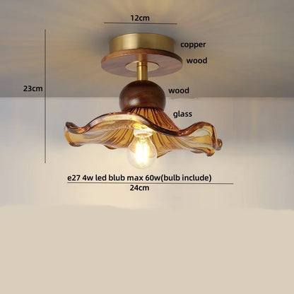 DecorBites™ Amber Glass Wood LED Ceiling Light Fixture for Modern Living Room.