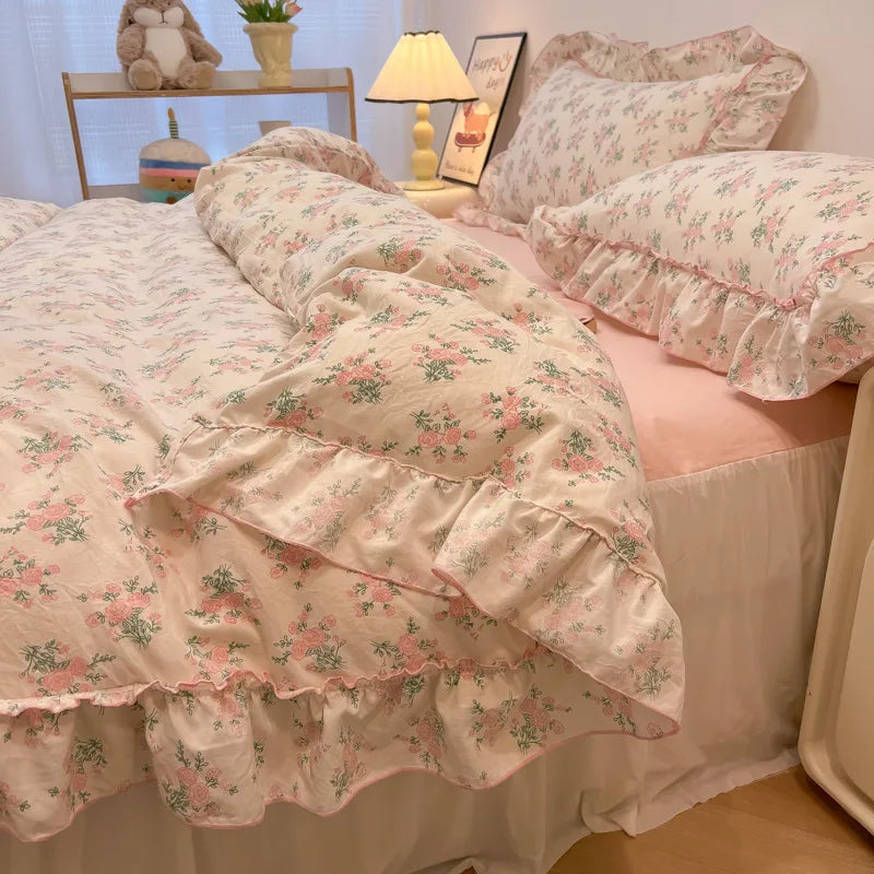 DecorBites™ Korean Princess Floral Print Bedding Set in Washed Cotton for Girls