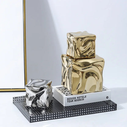 DecorBites™ Gold Ceramic Geometric Irregular Fold Pattern Decorative Figurine