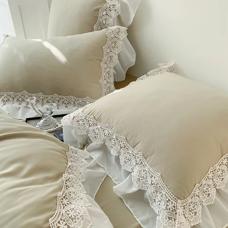 Decobites Matcha Green French Chiffon Lace Queen Bedding Set with Ruffles & Embroidery