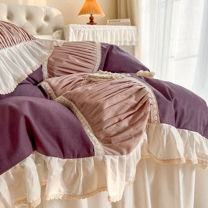 Decobites Korean Princess Style Cotton Bedding Set with Pleated Ruffles and Soft Quilt Cover