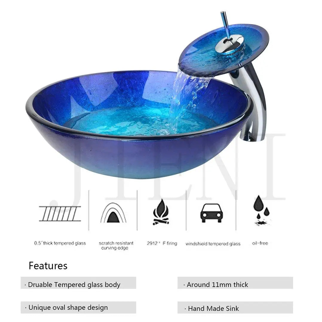 Juego de grifo alto para lavabo DecorBites™ en cromo azul con cascada de vidrio pintado a mano