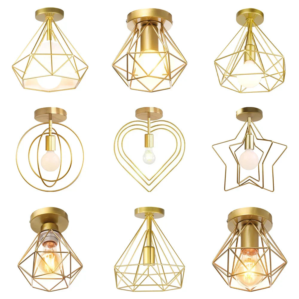 Decorbites™ Lámpara de Techo de Jaula de Hierro Dorado Moderna Decoración Nórdica Retro para Loft E27