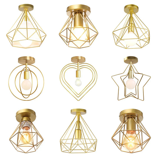 DecorBites™ Gold Iron Cage Ceiling Light Modern Nordic Decor Retro Loft Fixture E27