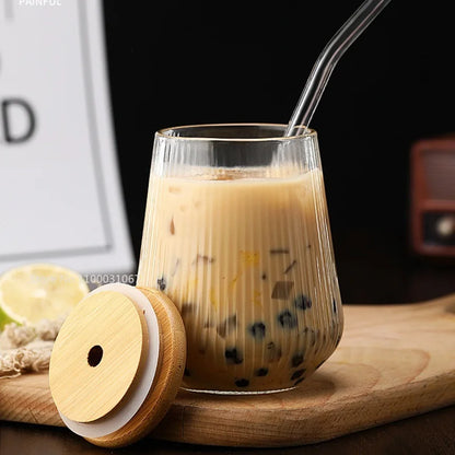 DecorBites™ Glass Cup Set with Lid and Straw for Tea Coffee Juice Beer Milk Mocha