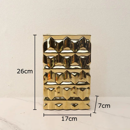 DecorBites™ Golden Square Ceramic Vase with Artificial Flowers for Room Aesthetic Decor