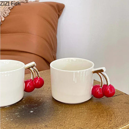 DecorBites™ Cherry Handle Mug: White Ceramic Tea & Coffee Cup for Dining Table