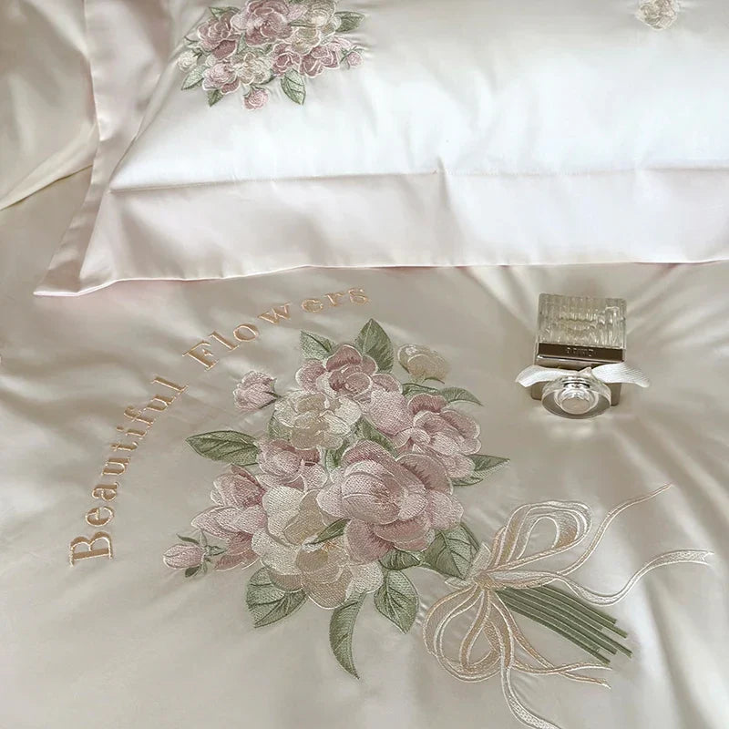 Decobites Flowers Embroidery Lace Princess Bedding Set 1000TC Egyptian Cotton Duvet Cover Set