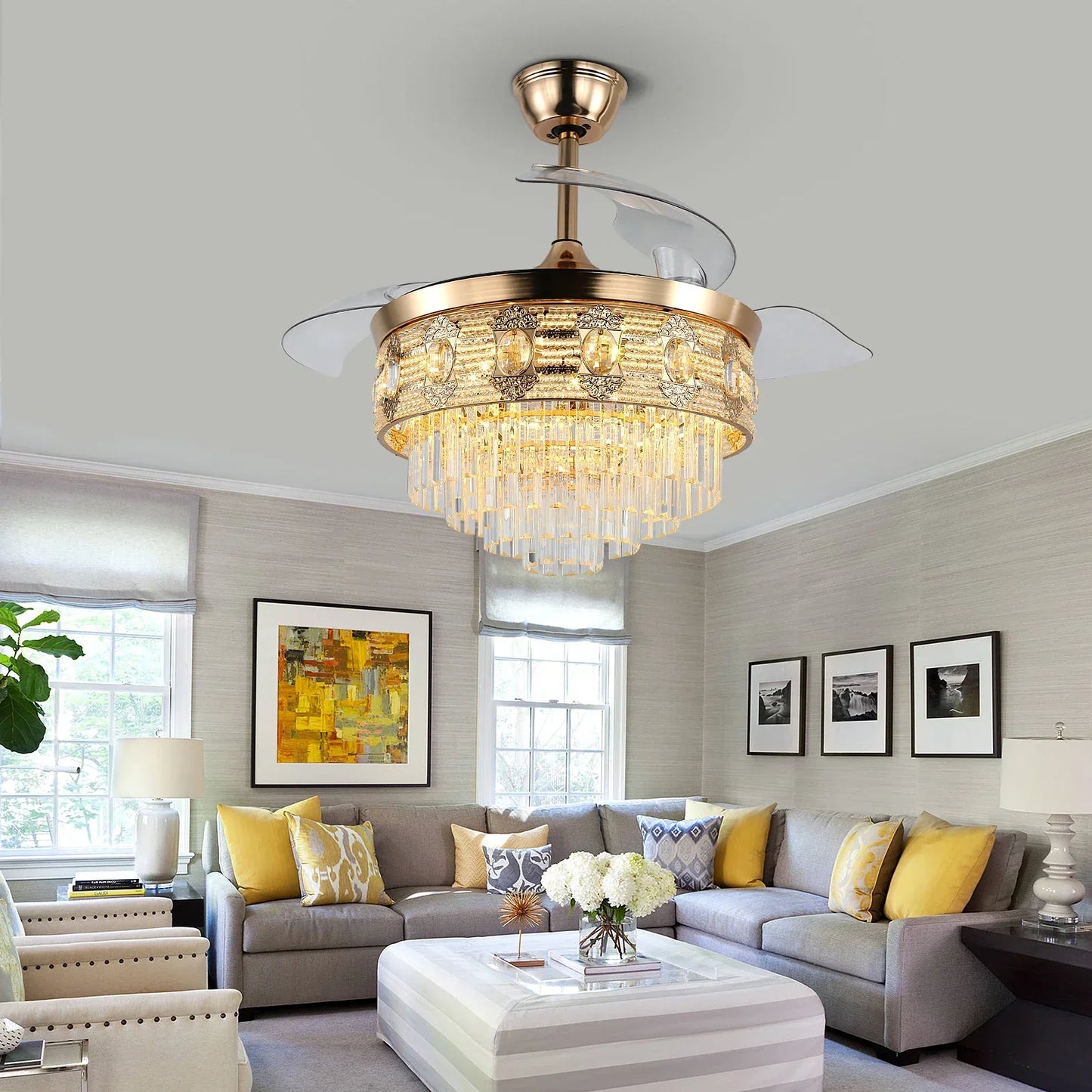 DecorBites™ Gold Smart Ceiling Fan Chandelier with LED Lights, 6 Speeds, 3 Heads