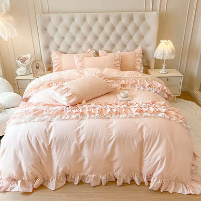 Decobites Pink Princess Lace Ruffles Bedding Set - 100% Cotton Double Layer Duvet Cover